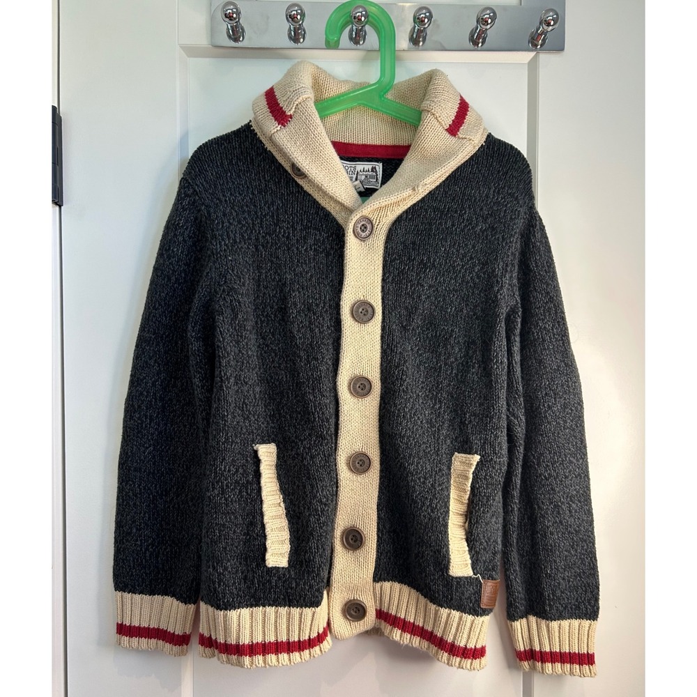 Roots Cabin Kids Shawl Collar Cardigan Sweater Grey Cream Red Size M 7-8 Yrs